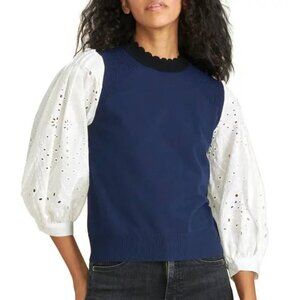 Veronica Beard Roy Navy Mix-Media Sweater